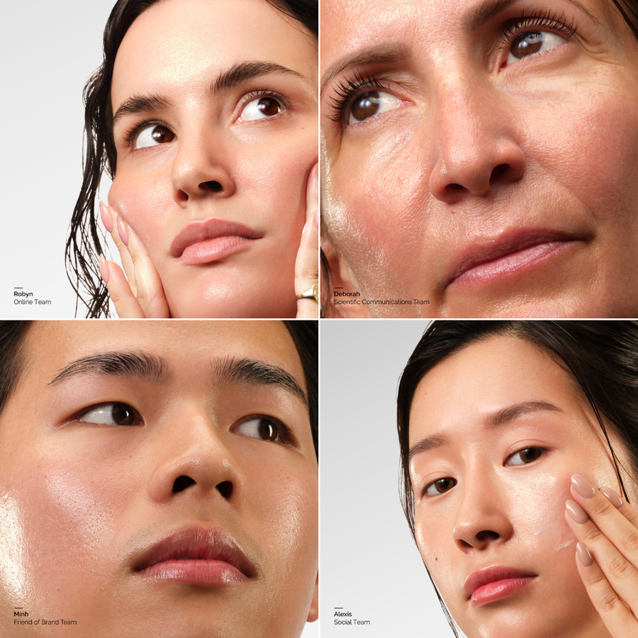 Four-panel grid showing Robyn, Deborah, Minh, and Alexis with luminous, hydrated skin after applying the Rice Lipids + Ectoin Microemulsion